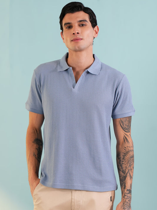Men Textured Light Blue Polo Front Open T-Shirt - Reprise