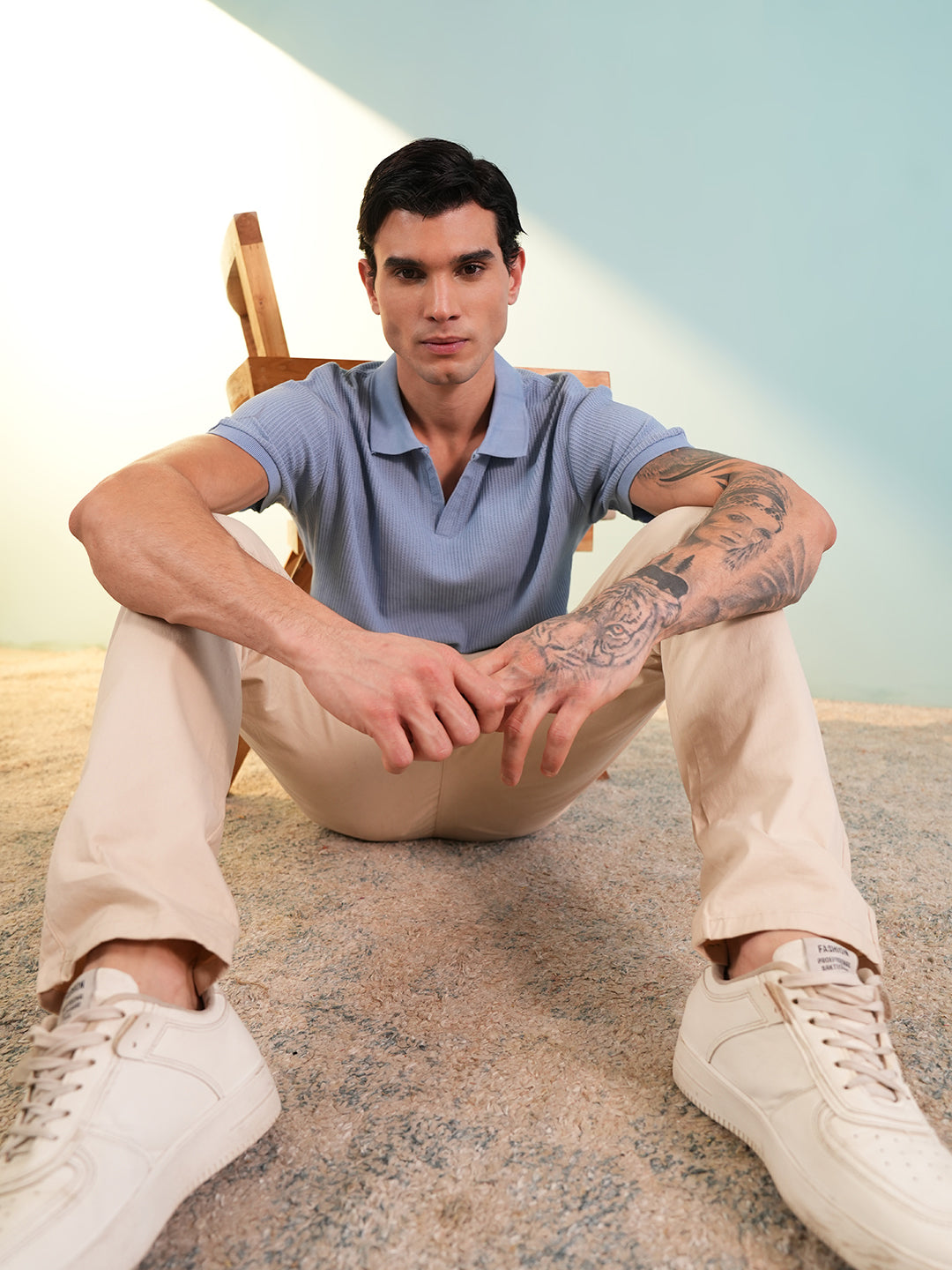 Men Textured Light Blue Polo Front Open T-Shirt - Reprise