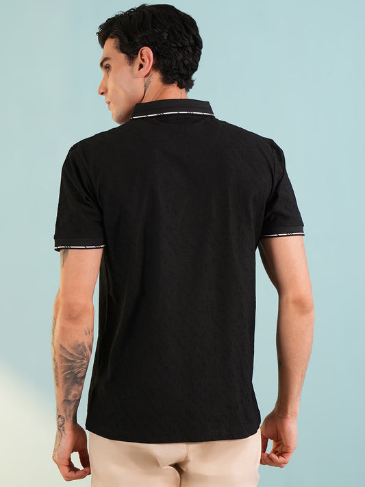 Men Textured Black Zip Polo T-Shirt - Reprise