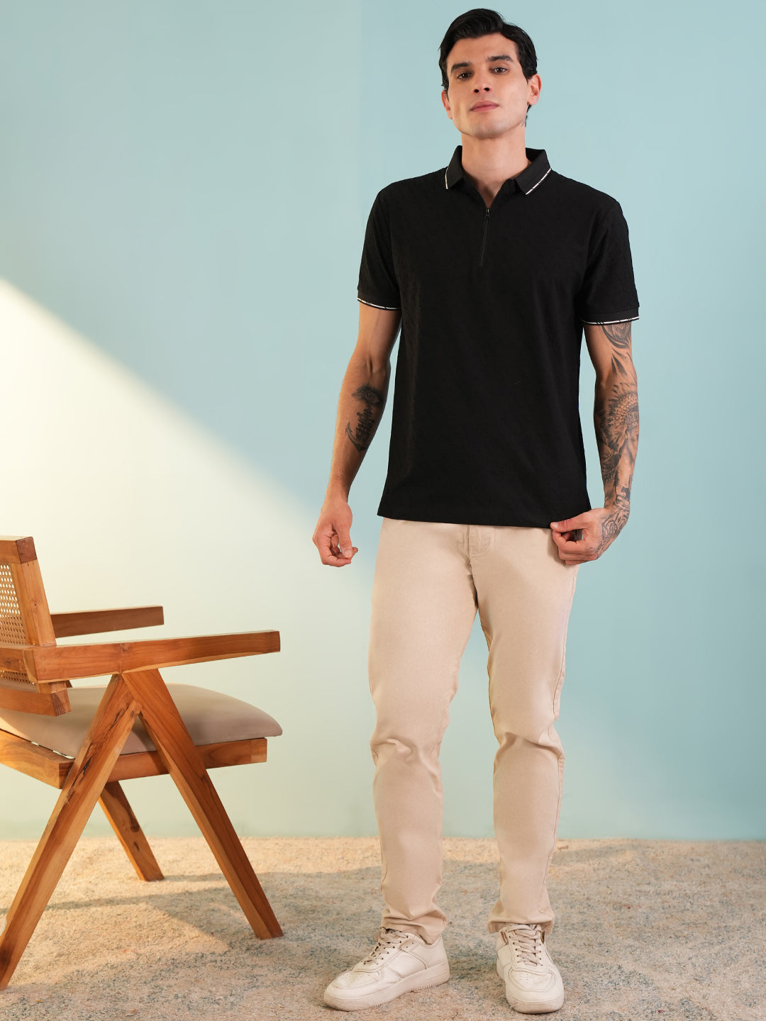 Men Textured Black Zip Polo T-Shirt - Reprise