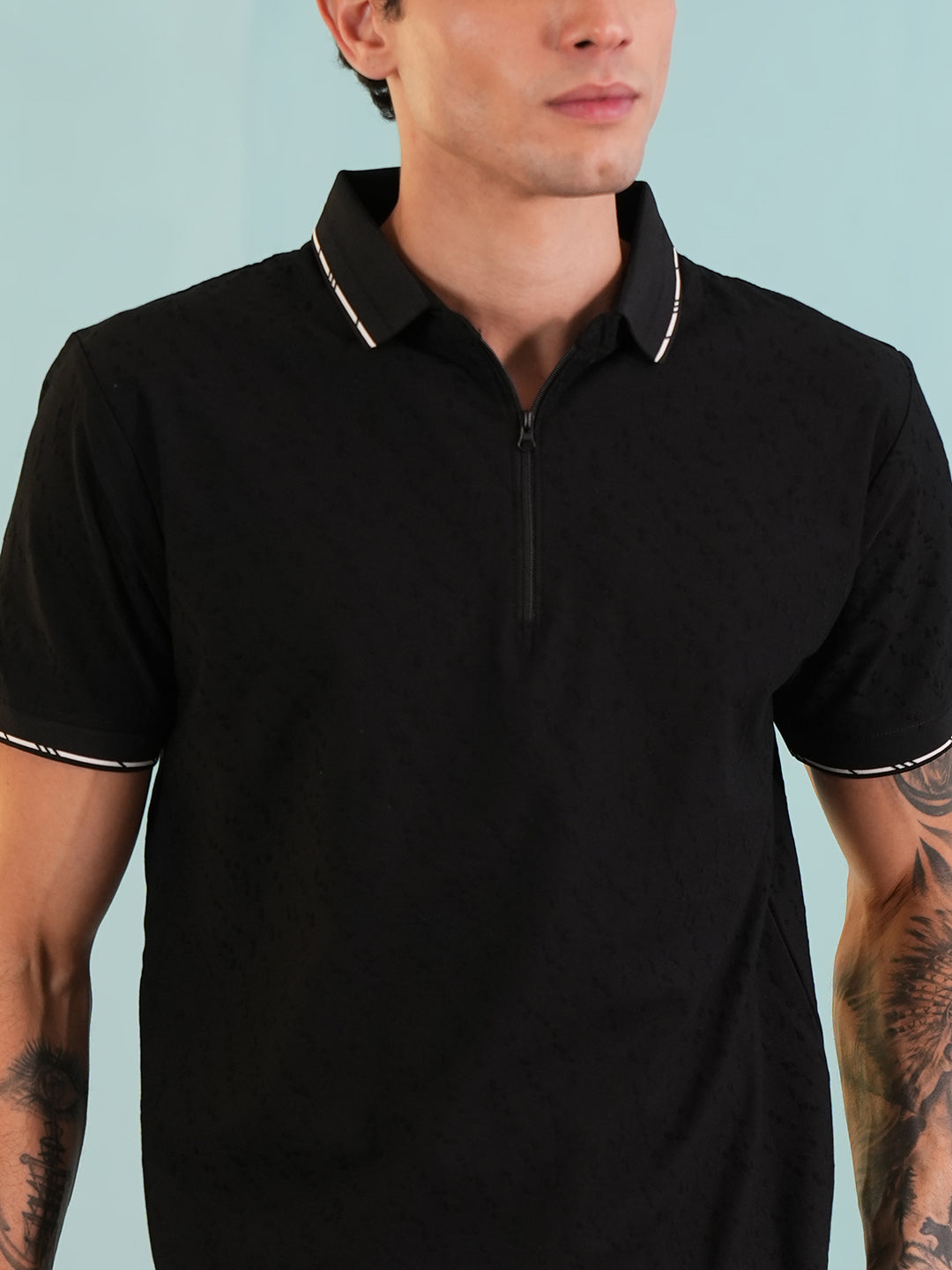 Men Textured Black Zip Polo T-Shirt - Reprise
