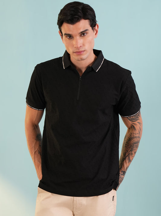 Men Textured Black Zip Polo T-Shirt - Reprise