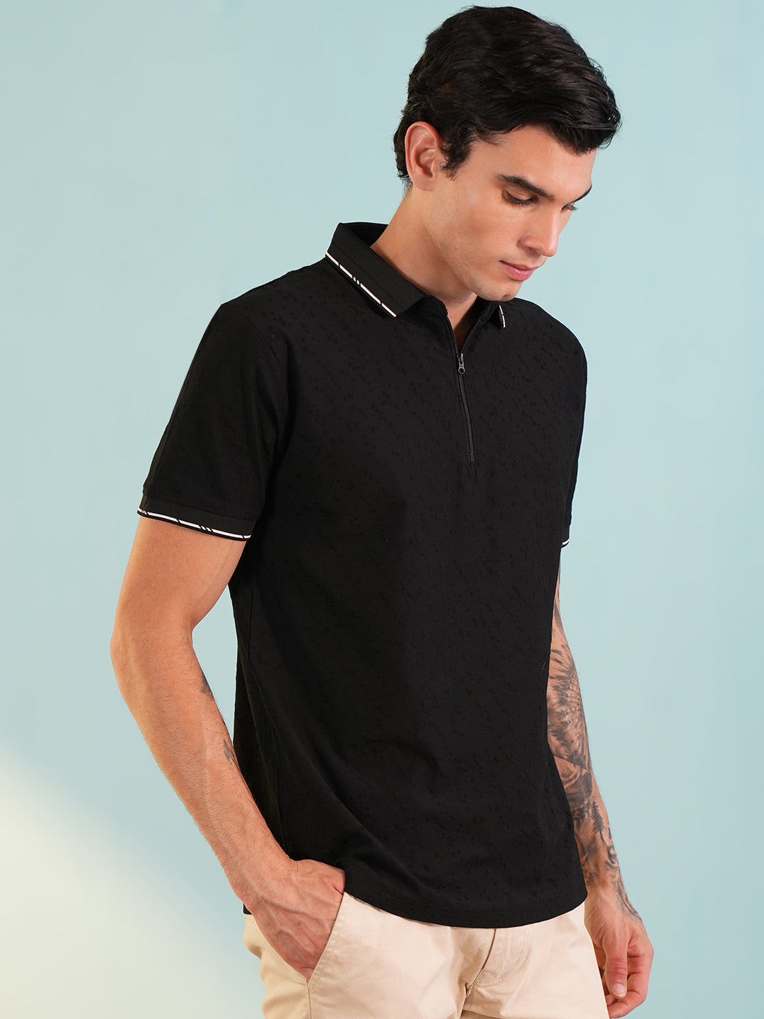 Men Textured Black Zip Polo T-Shirt - Reprise