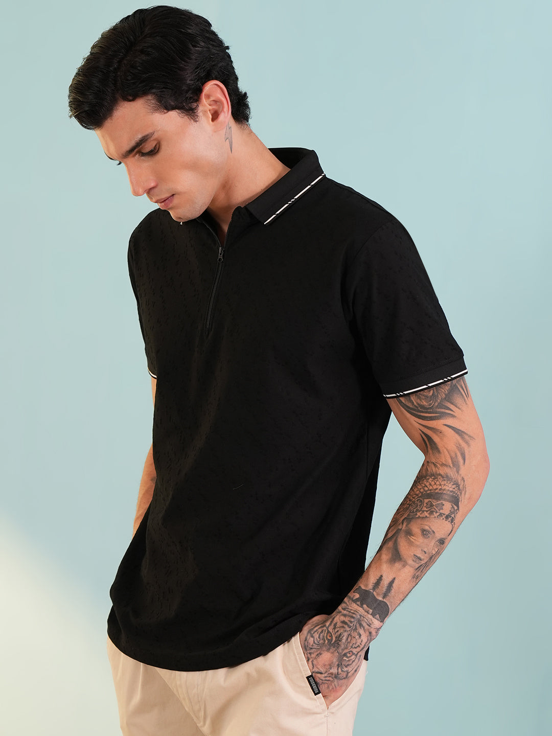 Men Textured Black Zip Polo T-Shirt - Reprise