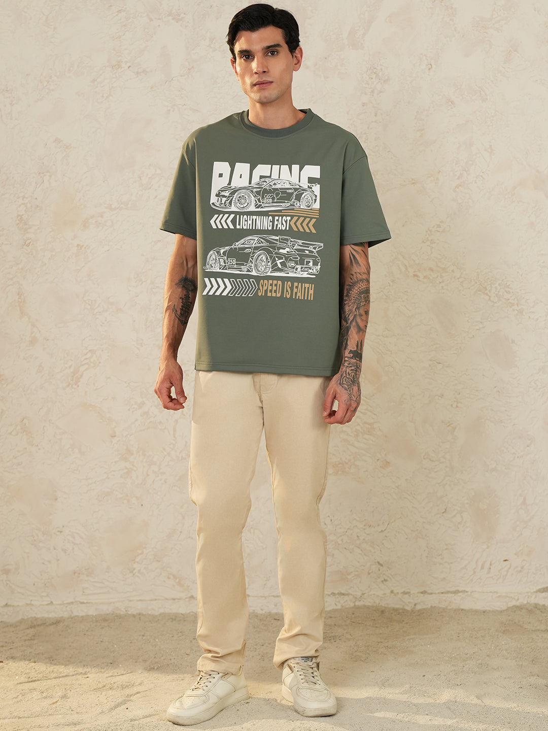 Men Oversized Printed Round Neck Drop Shoulder T-shirt Olive - Reprise