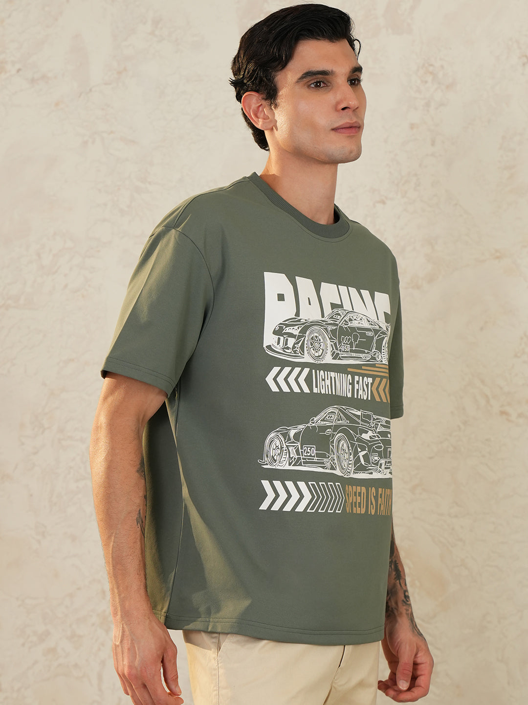 Men Oversized Printed Round Neck Drop Shoulder T-shirt Olive - Reprise