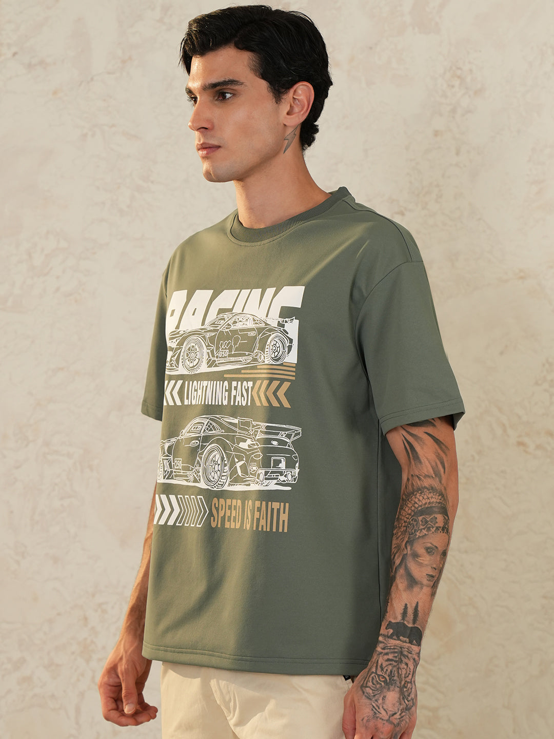 Men Oversized Printed Round Neck Drop Shoulder T-shirt Olive - Reprise