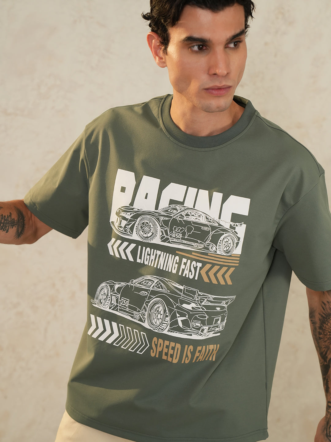 Men Oversized Printed Round Neck Drop Shoulder T-shirt Olive - Reprise