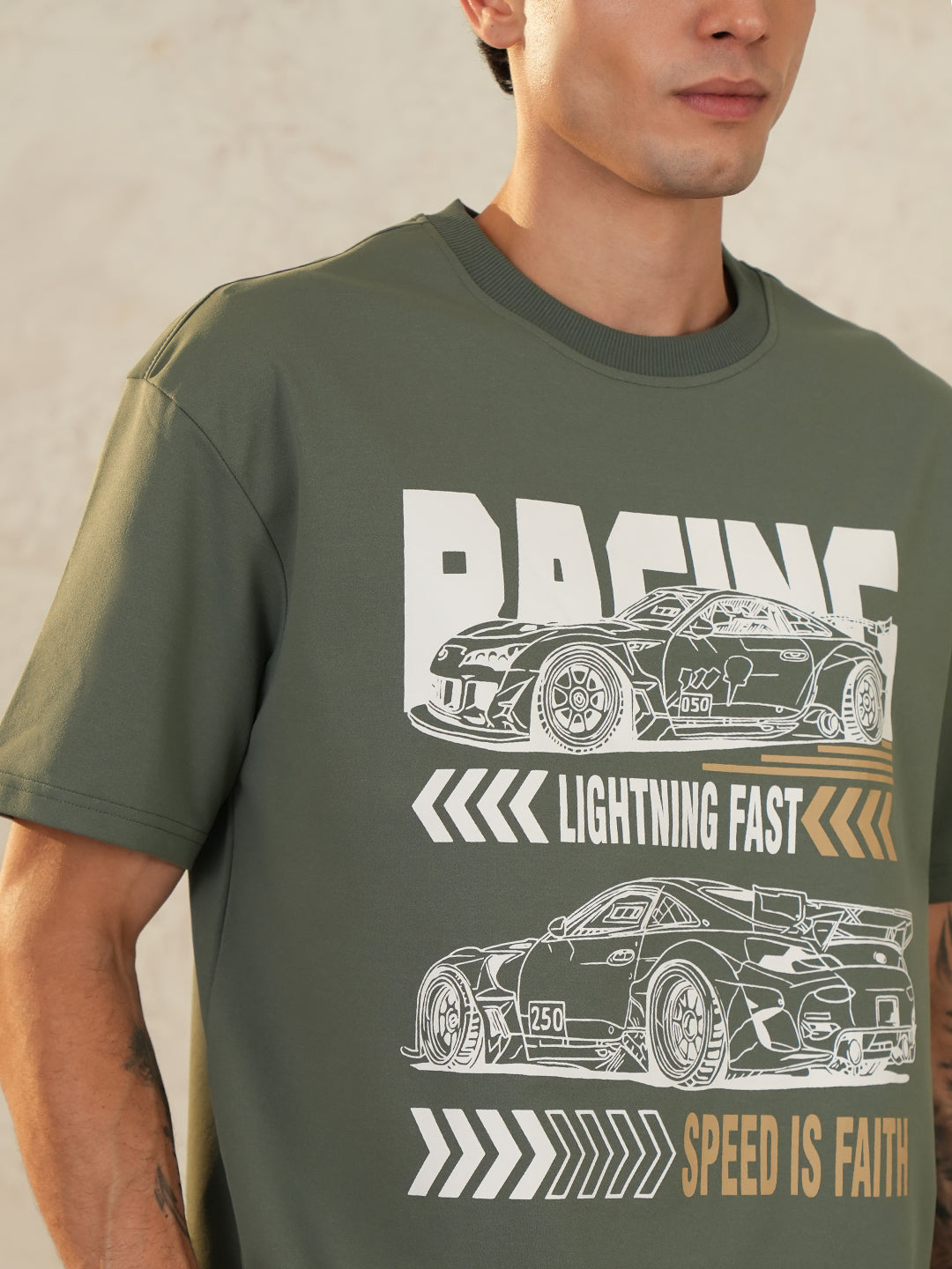 Men Oversized Printed Round Neck Drop Shoulder T-shirt Olive - Reprise