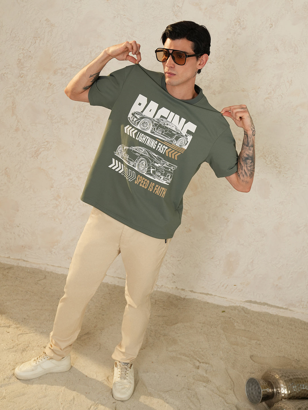 Men Oversized Printed Round Neck Drop Shoulder T-shirt Olive - Reprise