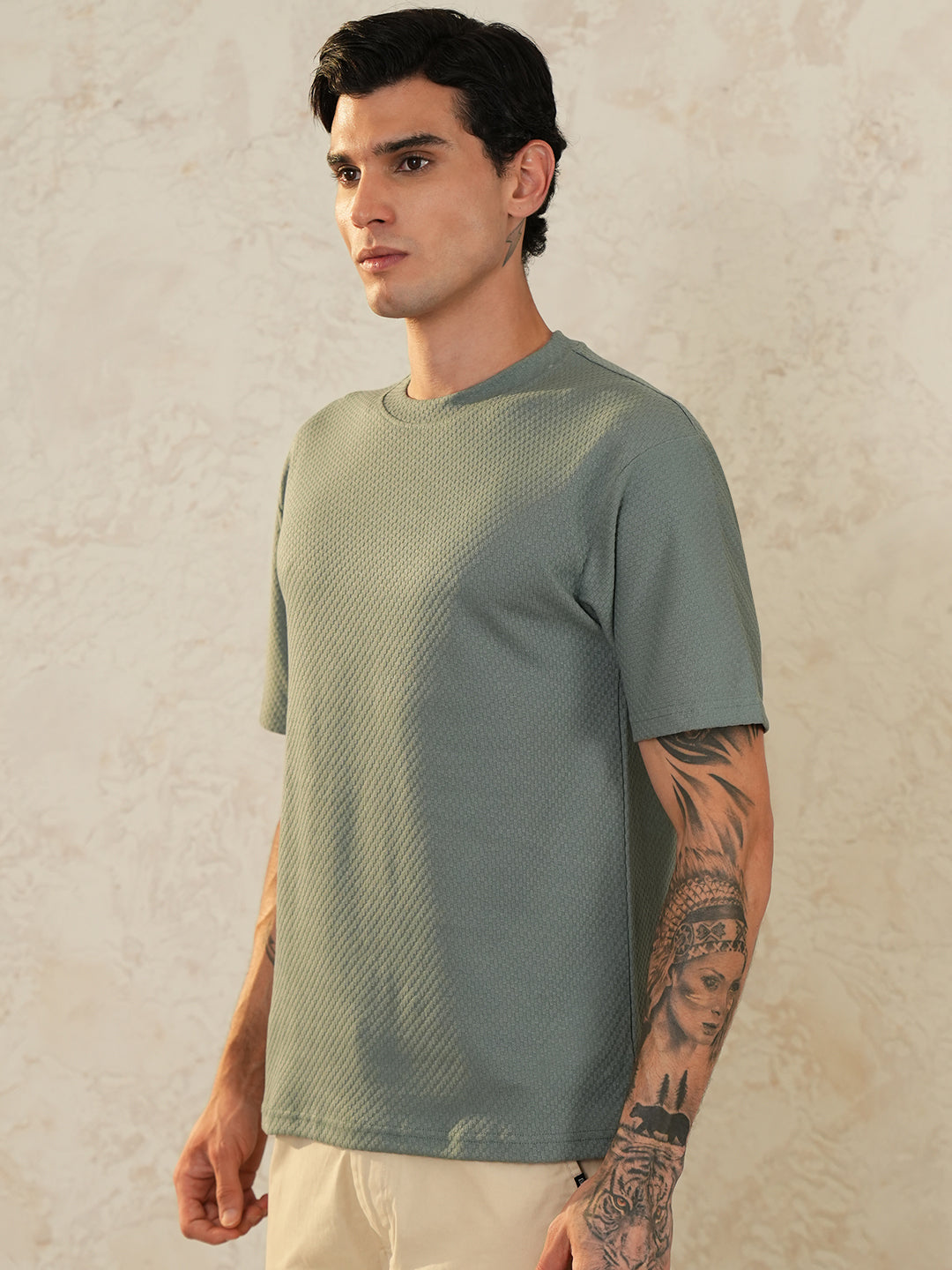Men Oversized Printed Round Neck Drop Shoulder T-shirt Olive - Reprise