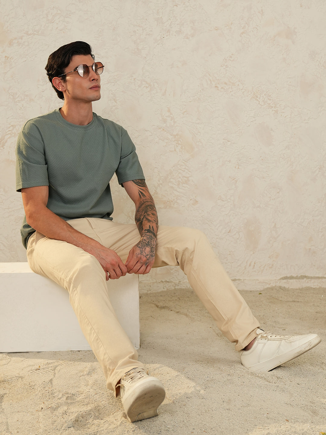 Men Oversized Printed Round Neck Drop Shoulder T-shirt Olive - Reprise