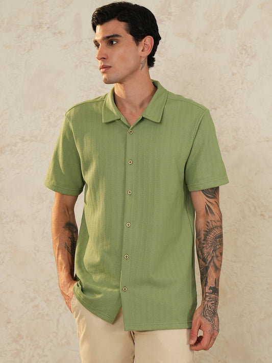 Men Regular Fit Spread Collar Textured Shirt Green - Reprise