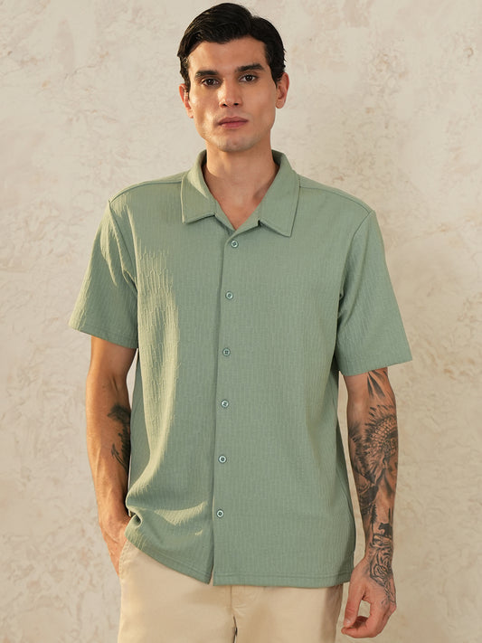 Men Regular Fit Spread Collar Textured Shirt Sage Green - Reprise