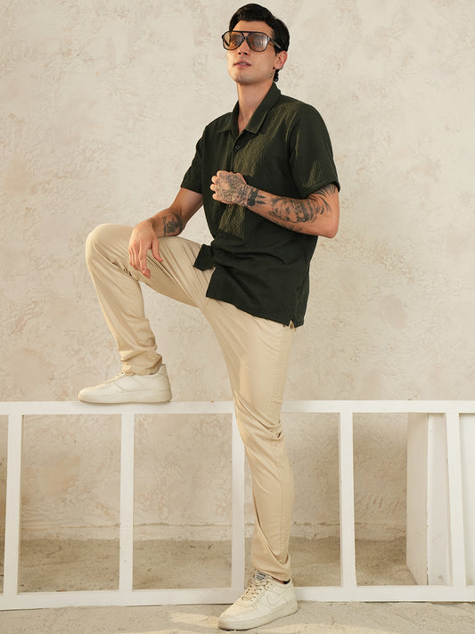 Men Regular Fit Spread Collar Emboridery Shirt Bottle Green - Reprise