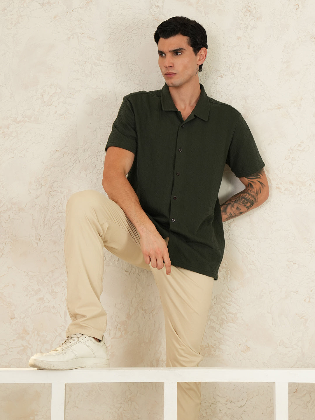 Men Regular Fit Spread Collar Emboridery Shirt Bottle Green - Reprise