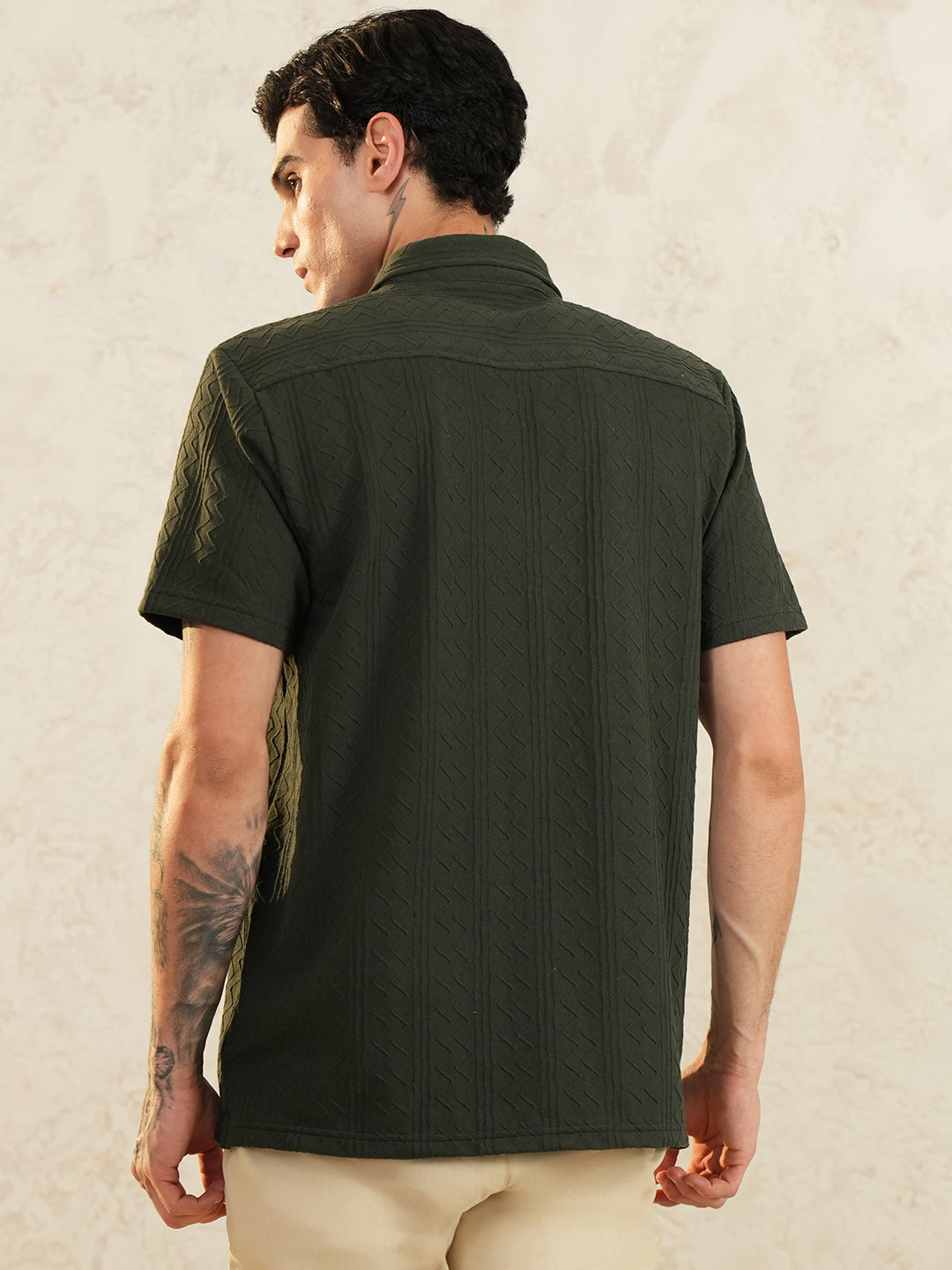 Men Regular Fit Spread Collar Emboridery Shirt Bottle Green - Reprise