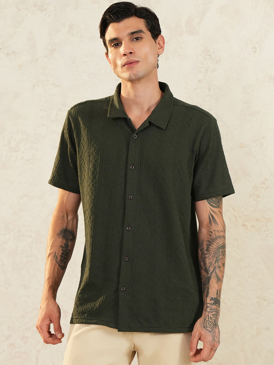 Men Regular Fit Spread Collar Emboridery Shirt Bottle Green - Reprise