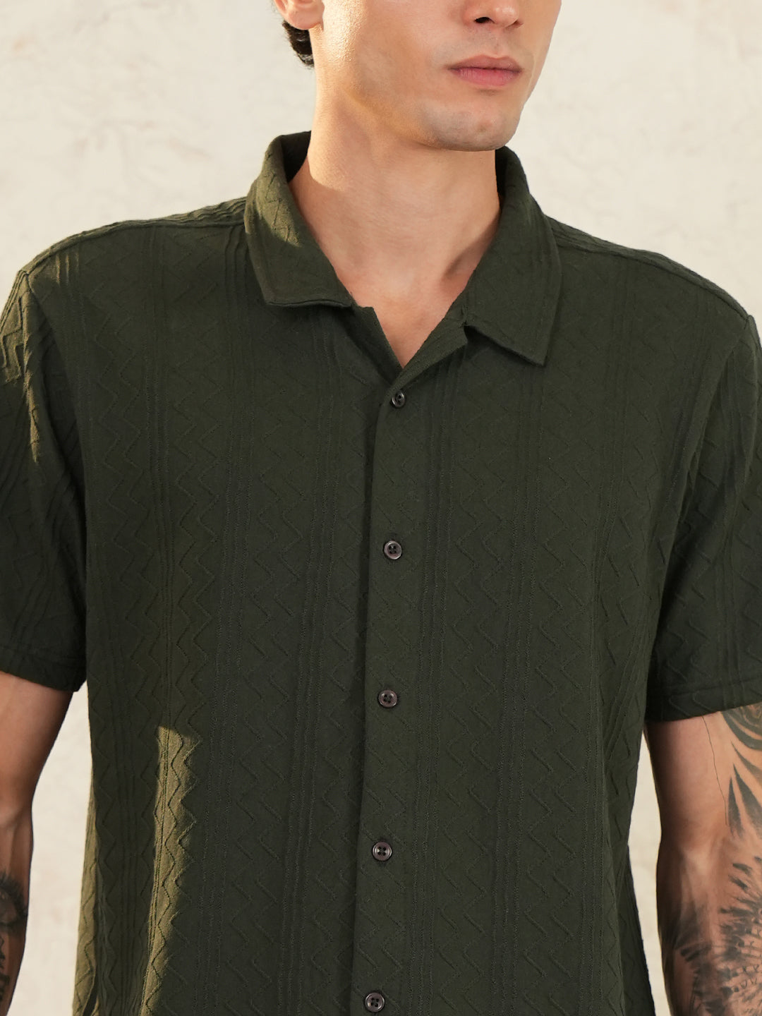 Men Regular Fit Spread Collar Emboridery Shirt Bottle Green - Reprise