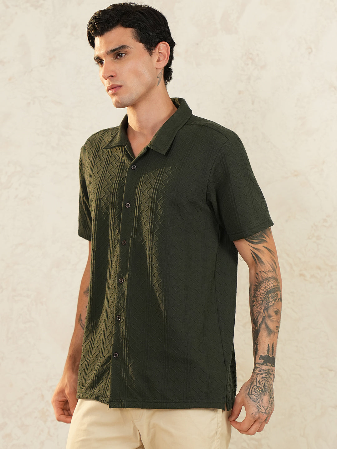 Men Regular Fit Spread Collar Emboridery Shirt Bottle Green - Reprise
