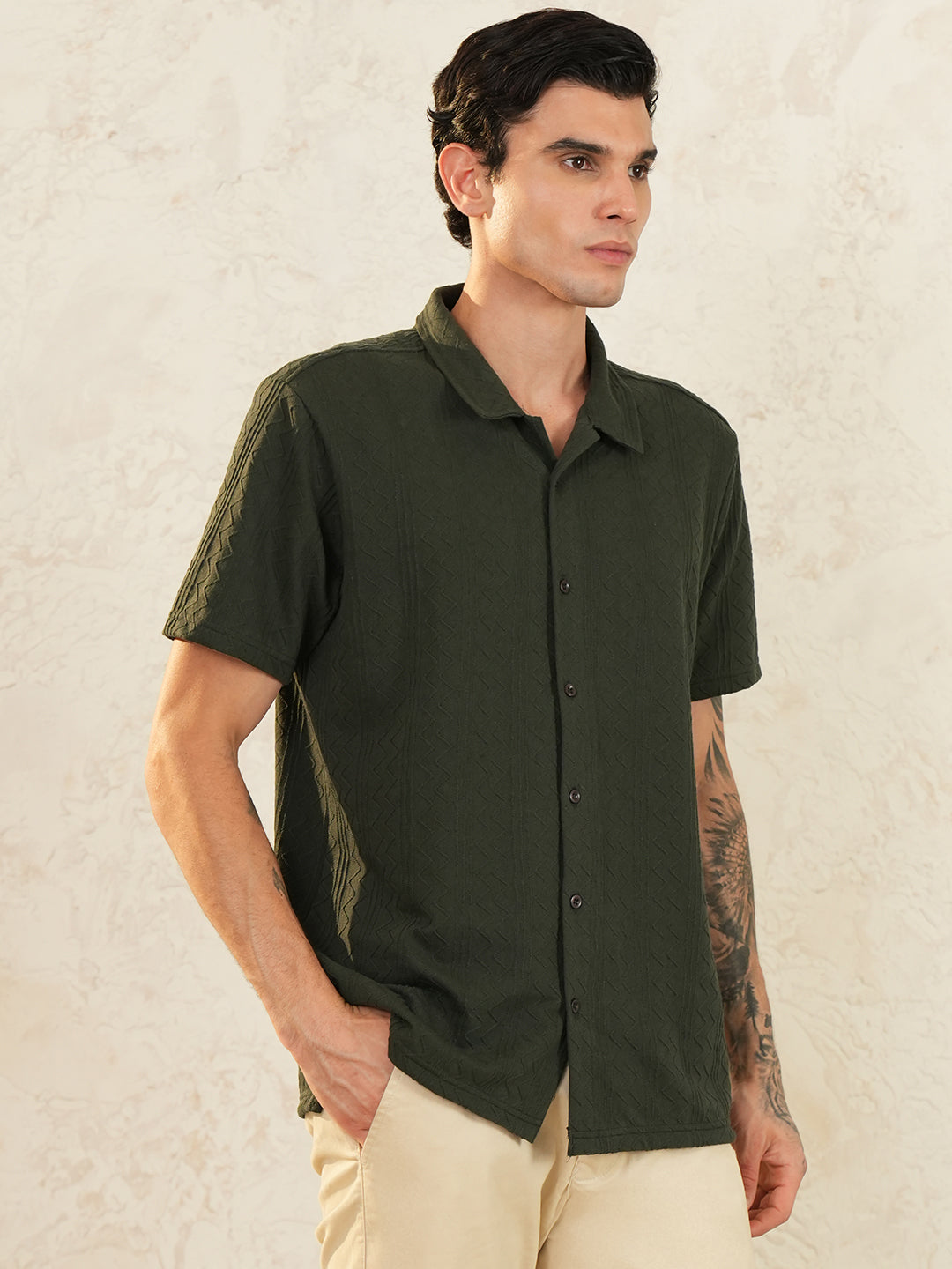 Men Regular Fit Spread Collar Emboridery Shirt Bottle Green - Reprise