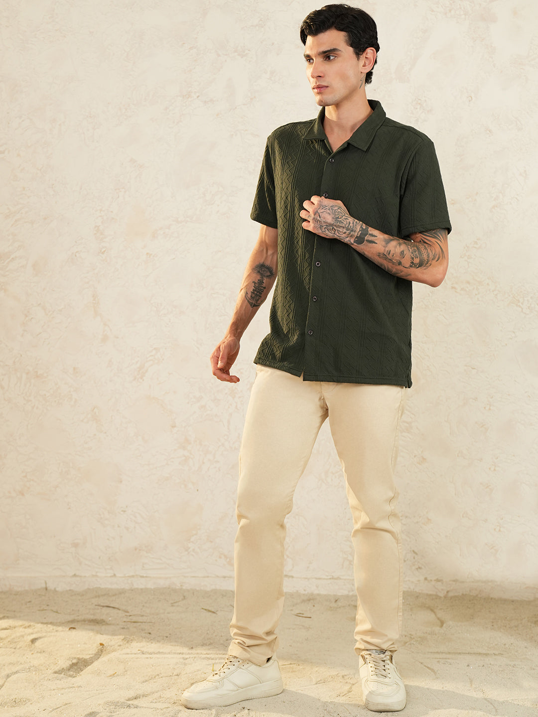 Men Regular Fit Spread Collar Emboridery Shirt Bottle Green - Reprise