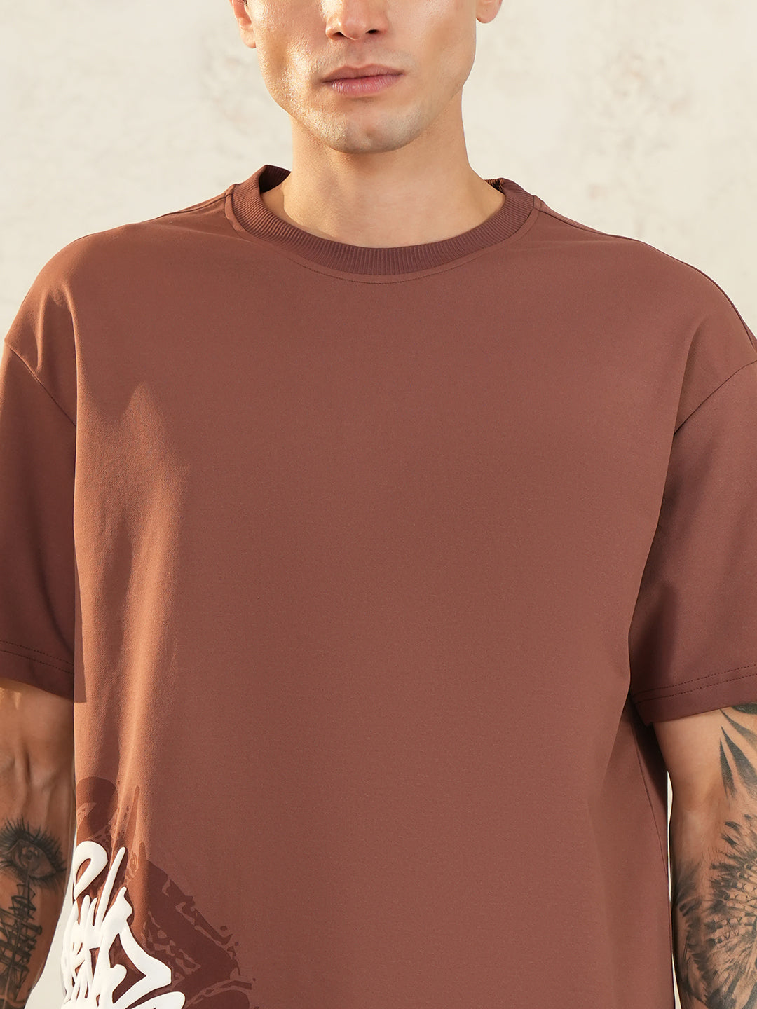 Men Oversized Printed Round Neck Drop Shoulder T-shirt Rust - Reprise