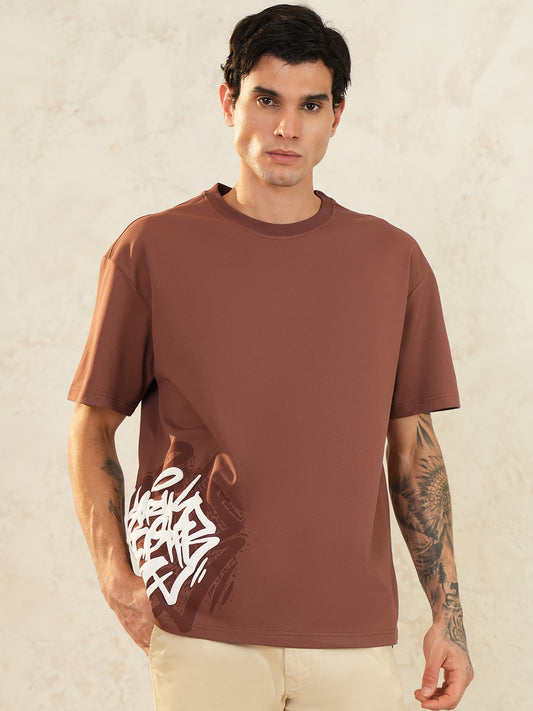 Men Oversized Printed Round Neck Drop Shoulder T-shirt Rust - Reprise