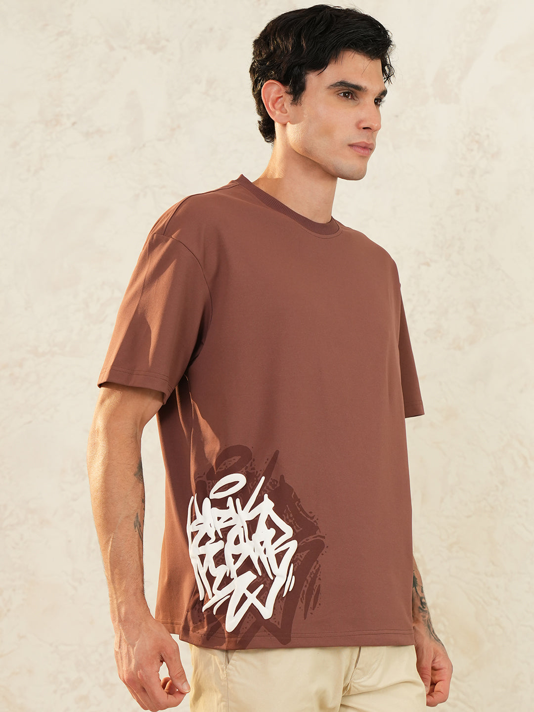 Men Oversized Printed Round Neck Drop Shoulder T-shirt Rust - Reprise