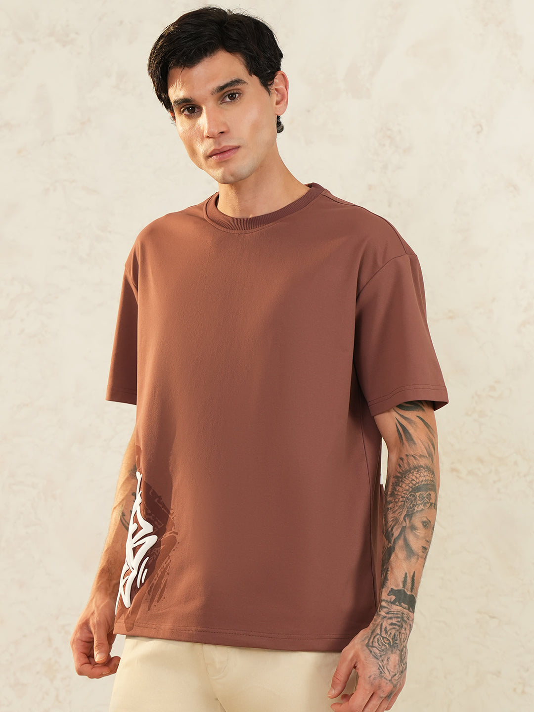 Men Oversized Printed Round Neck Drop Shoulder T-shirt Rust - Reprise
