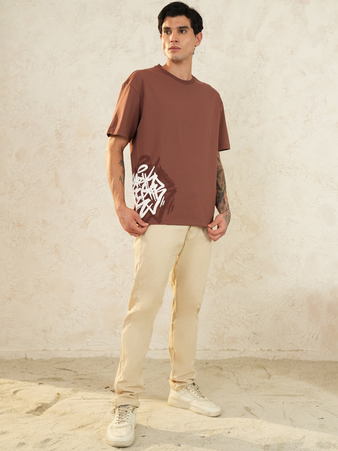 Men Oversized Printed Round Neck Drop Shoulder T-shirt Rust - Reprise