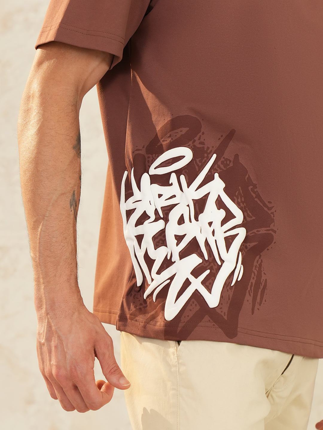 Men Oversized Printed Round Neck Drop Shoulder T-shirt Rust - Reprise