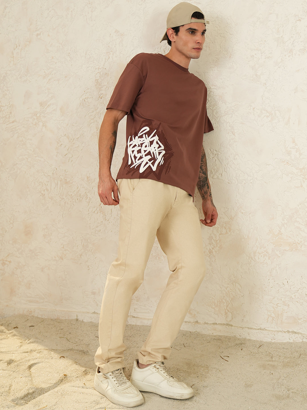 Men Oversized Printed Round Neck Drop Shoulder T-shirt Rust - Reprise