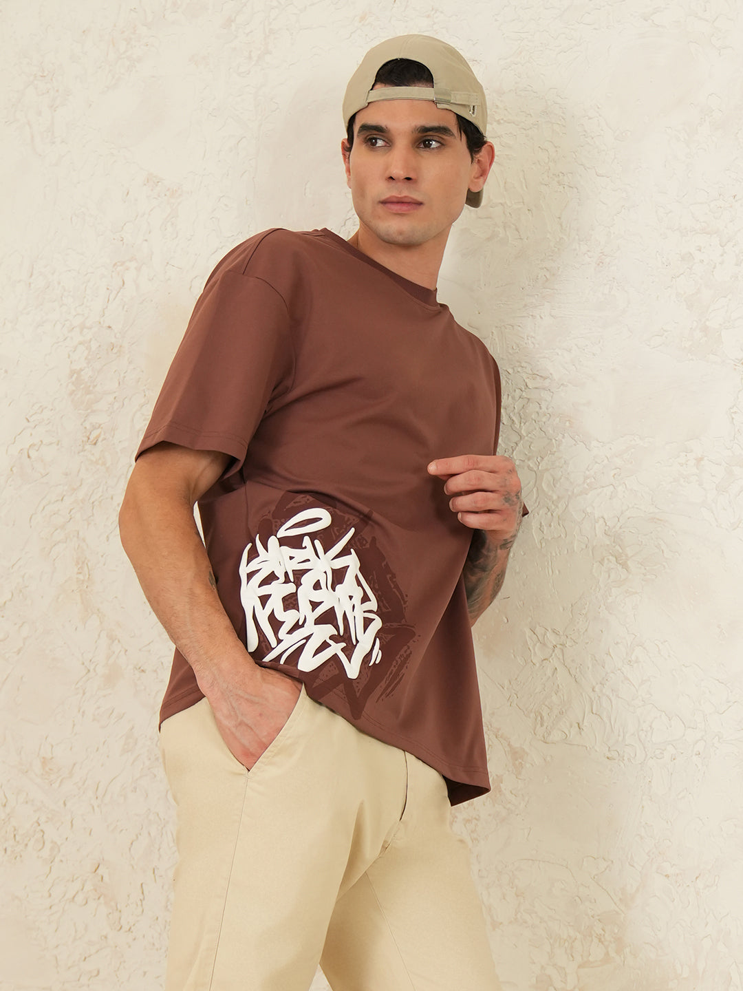 Men Oversized Printed Round Neck Drop Shoulder T-shirt Rust - Reprise