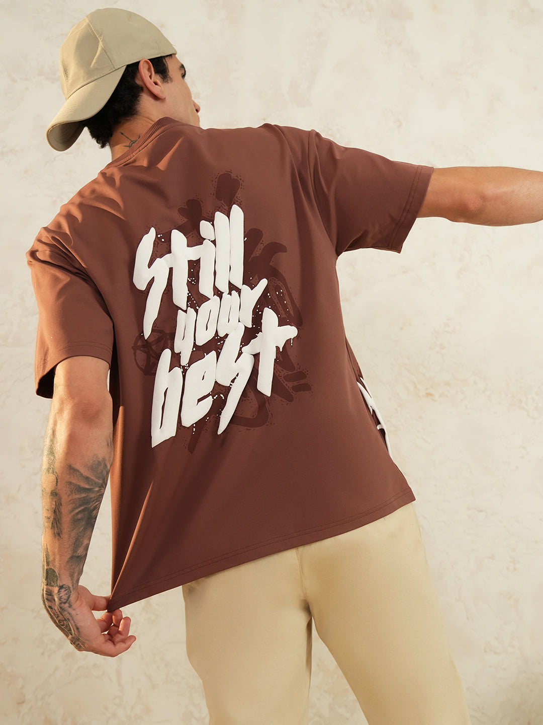 Men Oversized Printed Round Neck Drop Shoulder T-shirt Rust - Reprise