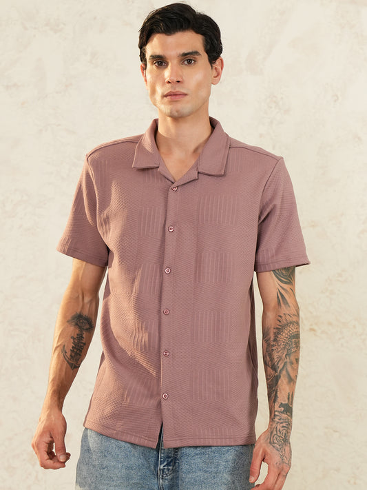 Men Regular Fit Spread Collar Textured Shirt Peach - Reprise