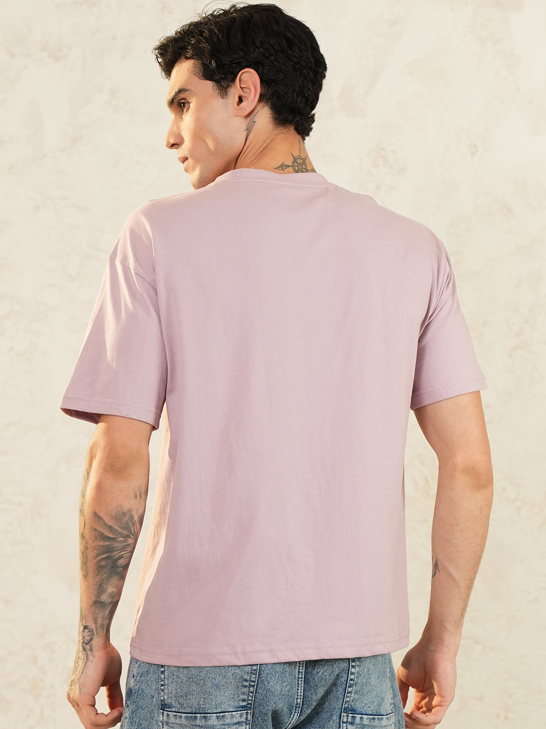 Men Oversized Printed Round Neck Drop Shoulder T-shirt Pink - Reprise