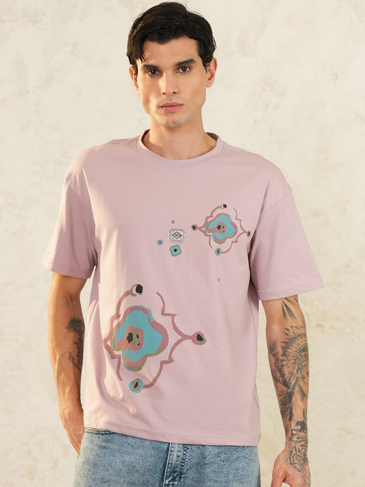 Men Oversized Printed Round Neck Drop Shoulder T-shirt Pink - Reprise