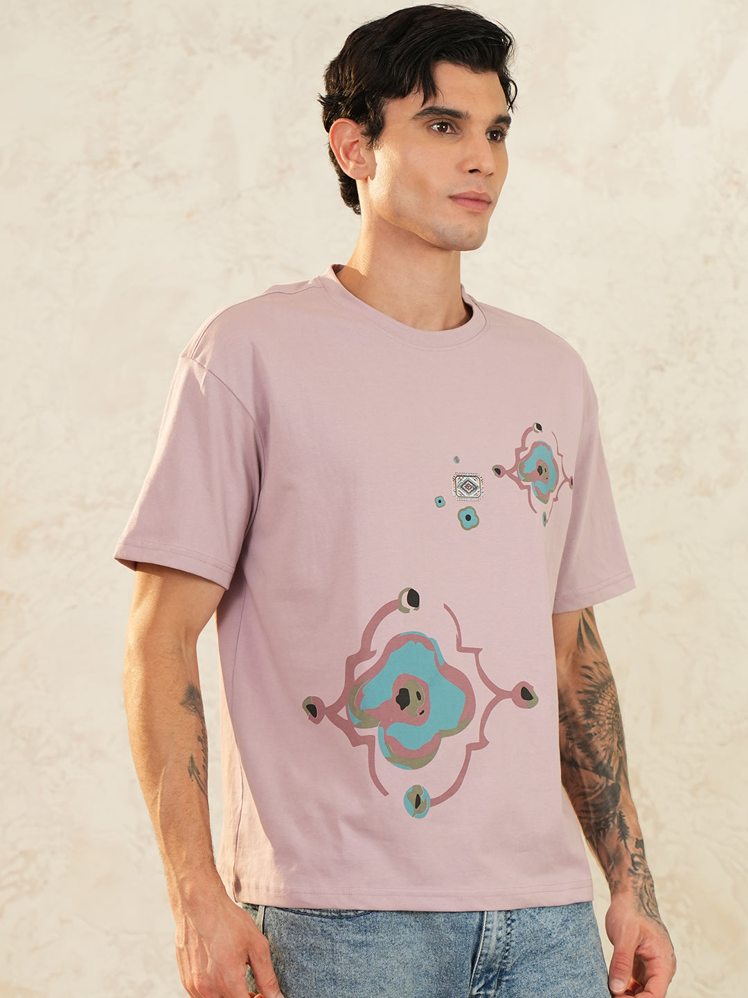 Men Oversized Printed Round Neck Drop Shoulder T-shirt Pink - Reprise