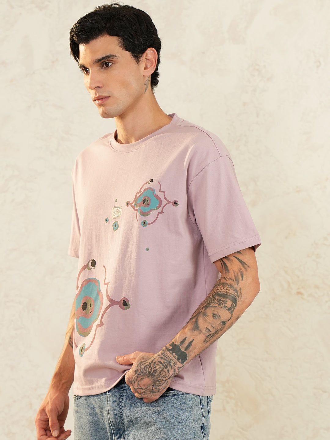 Men Oversized Printed Round Neck Drop Shoulder T-shirt Pink - Reprise