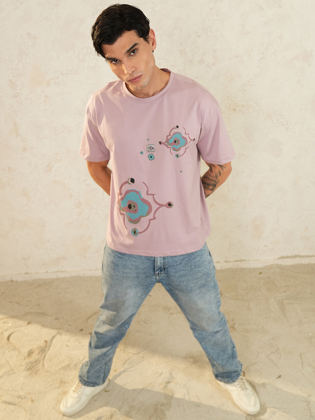 Men Oversized Printed Round Neck Drop Shoulder T-shirt Pink - Reprise