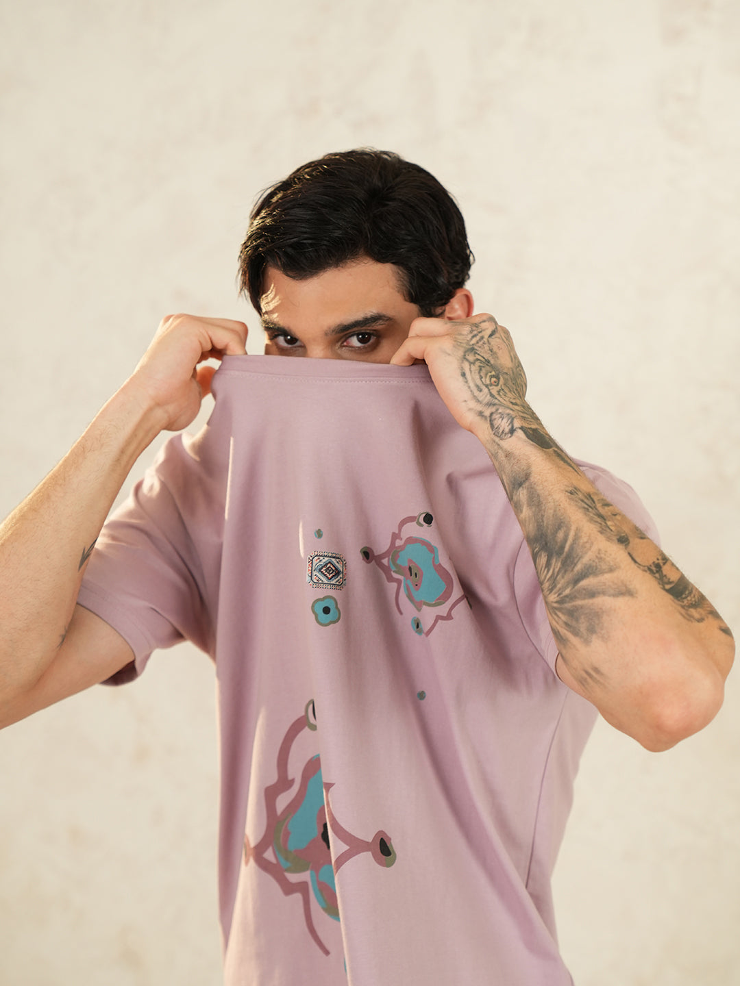 Men Oversized Printed Round Neck Drop Shoulder T-shirt Pink - Reprise