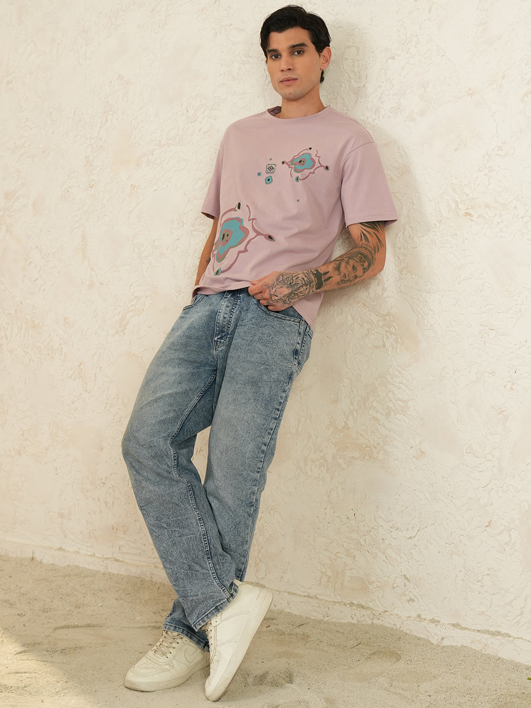 Men Oversized Printed Round Neck Drop Shoulder T-shirt Pink - Reprise