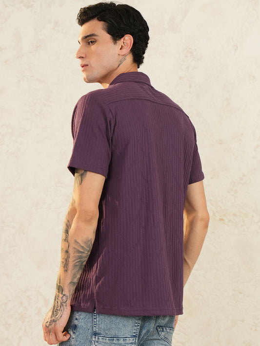 Men Regular Fit Spread Collar Textured Shirt Wine - Reprise