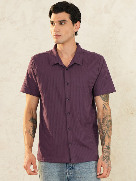 Men Regular Fit Spread Collar Textured Shirt Wine - Reprise