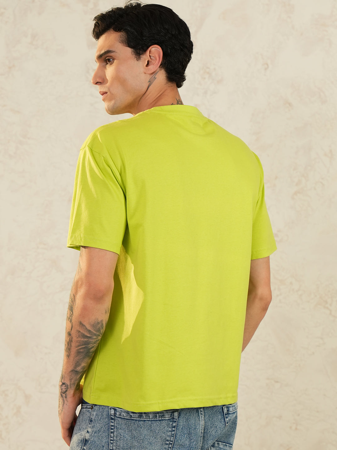 Men Oversized Printed Round Neck Drop Shoulder T-shirt Neon Green - Reprise