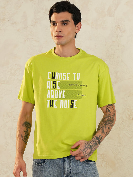Men Oversized Printed Round Neck Drop Shoulder T-shirt Neon Green - Reprise