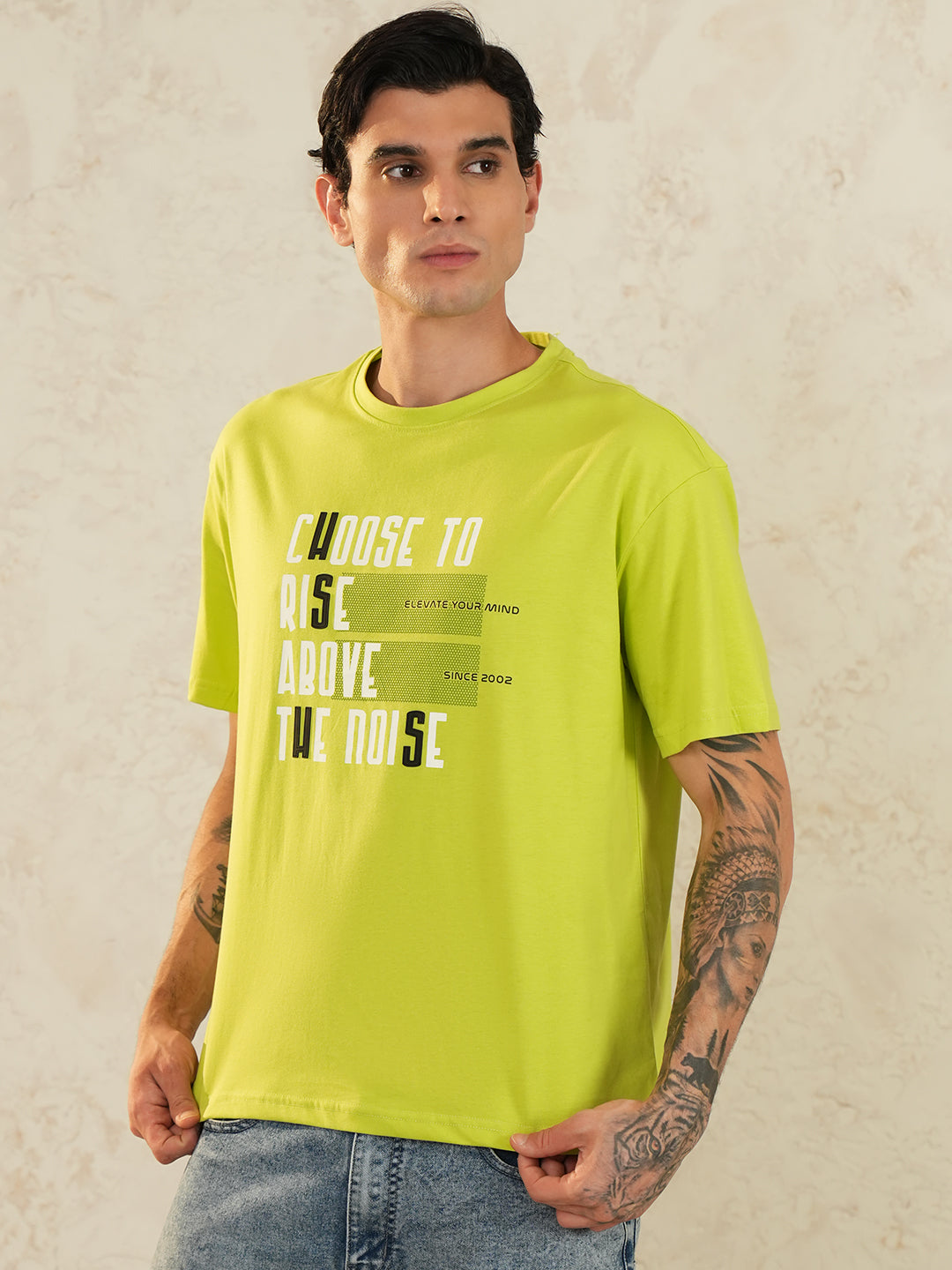 Men Oversized Printed Round Neck Drop Shoulder T-shirt Neon Green - Reprise