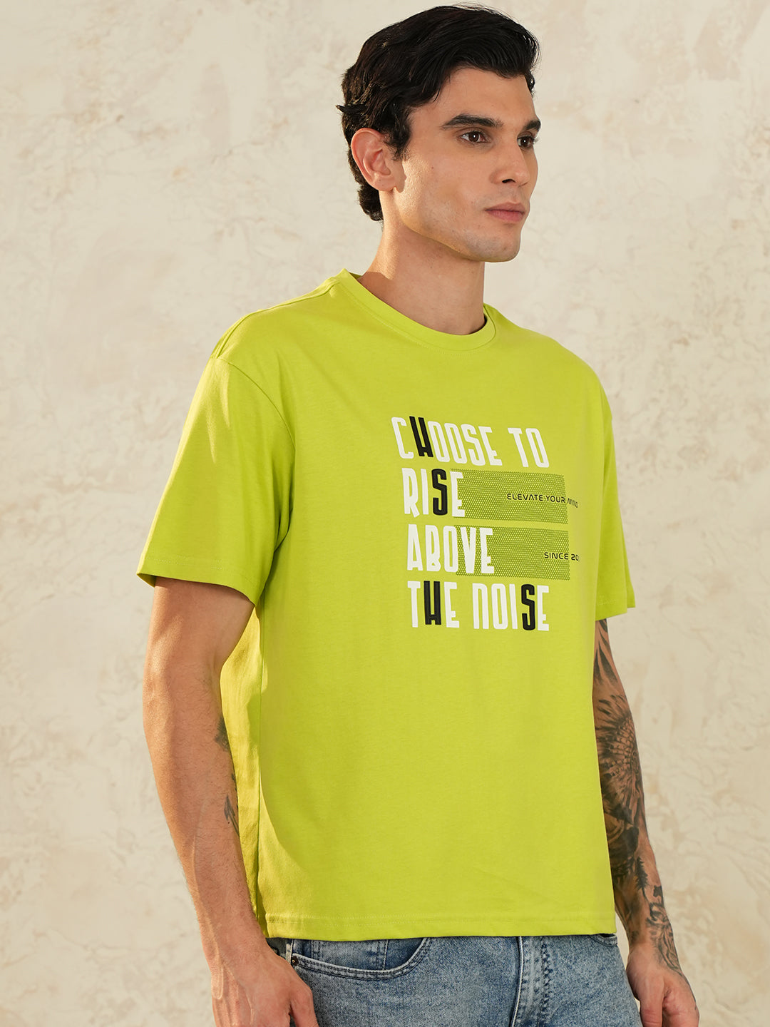 Men Oversized Printed Round Neck Drop Shoulder T-shirt Neon Green - Reprise
