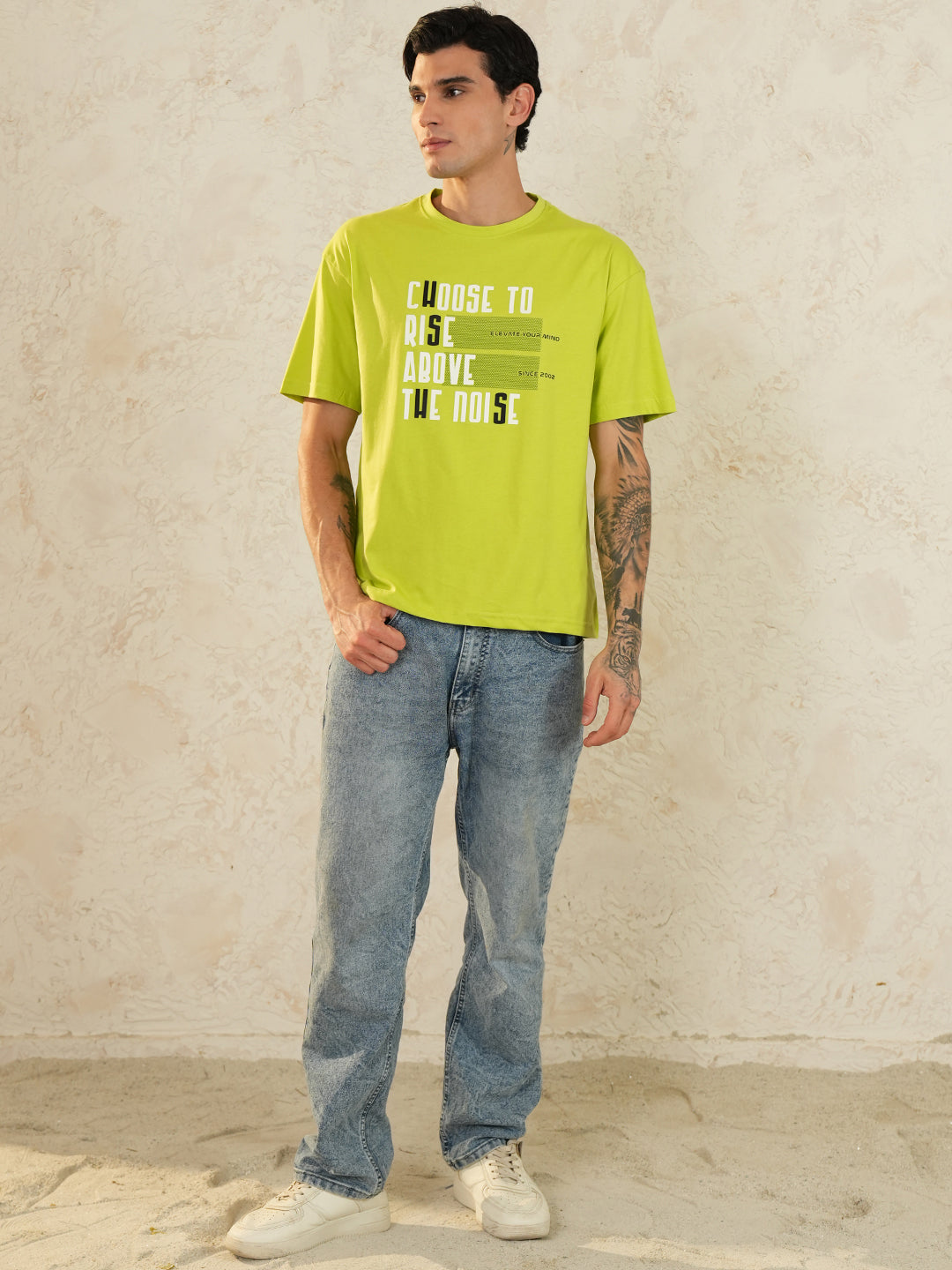 Men Oversized Printed Round Neck Drop Shoulder T-shirt Neon Green - Reprise